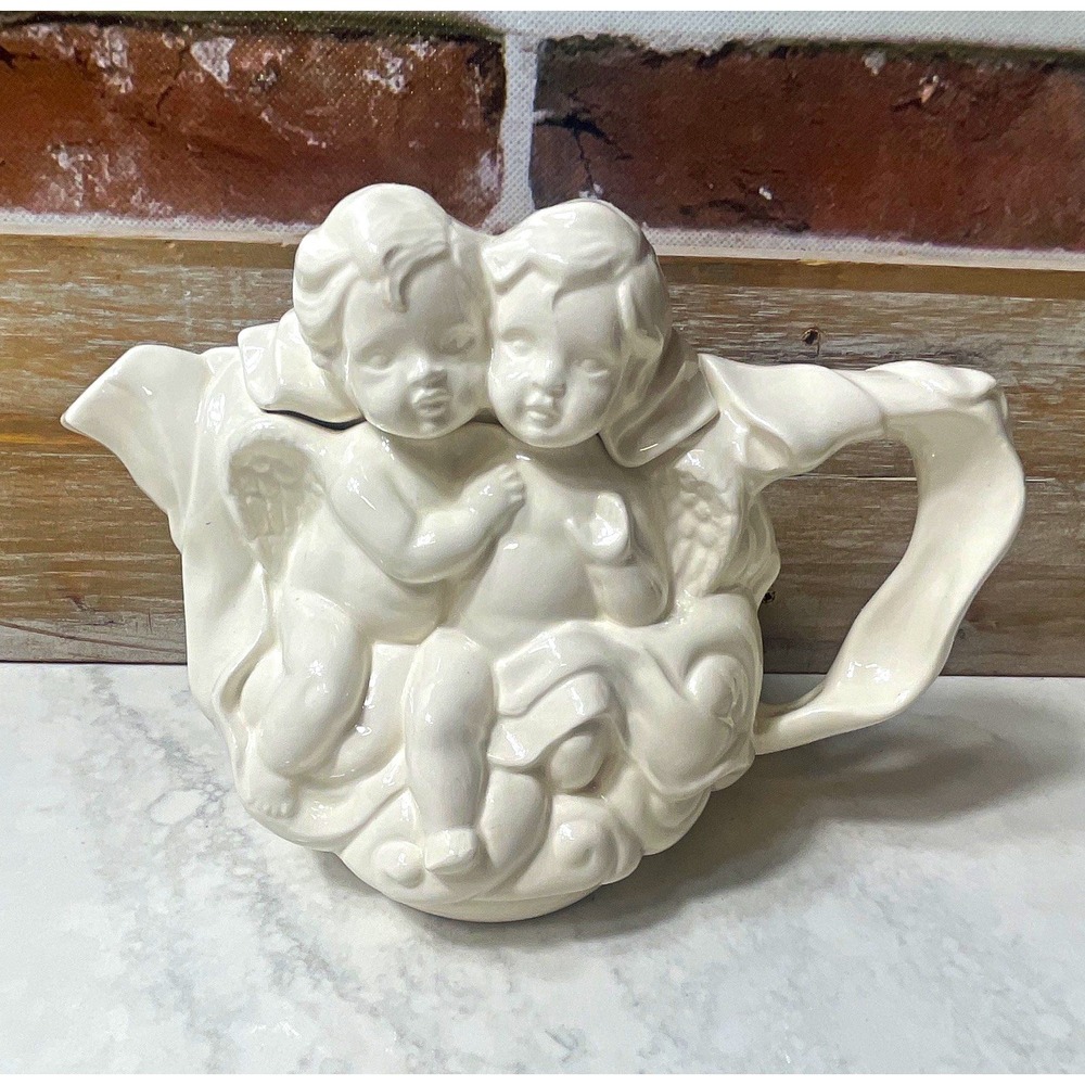 Candy White Glossy Ceramic Angel/Cherub Figural Pitcher Jug, 7in x 10in